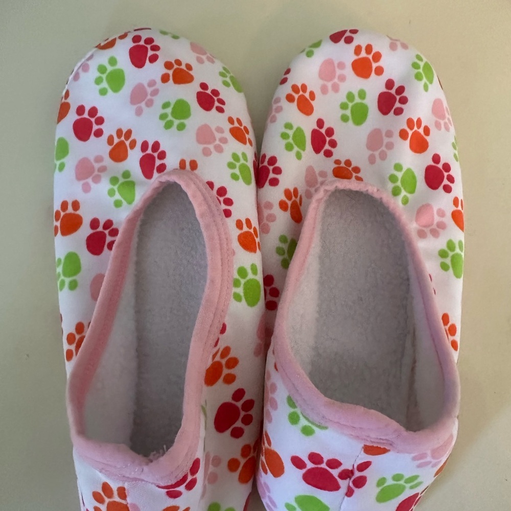Paw Print Cozy Slip-On Snoozie Slippers in Pink, Green & Orange